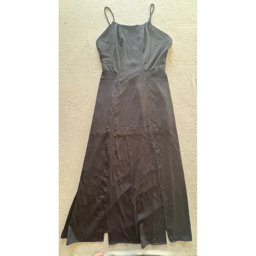 Six Crisp Days Black Satin Maxi Dress Square Neck Spaghetti Strap Slit 57449 M